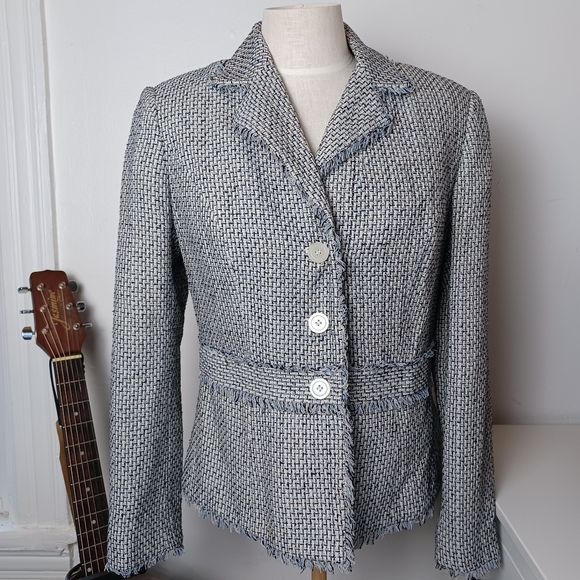 Worthington Jackets & Blazers - Worthington Blue and White Tweed Frayed Long Sleeve Blazer Women's Size S (6-8)
